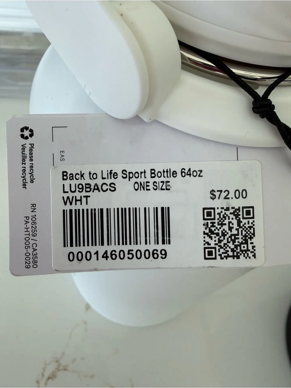 lululemon 64 Oz White Insulated Water Bottle with Carry Handle
